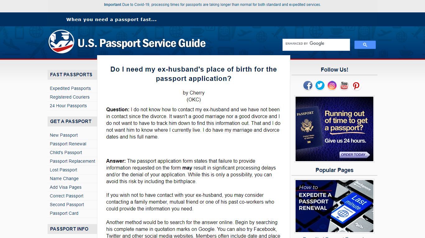 Do I need my ex-husband's place of birth for the passport application?